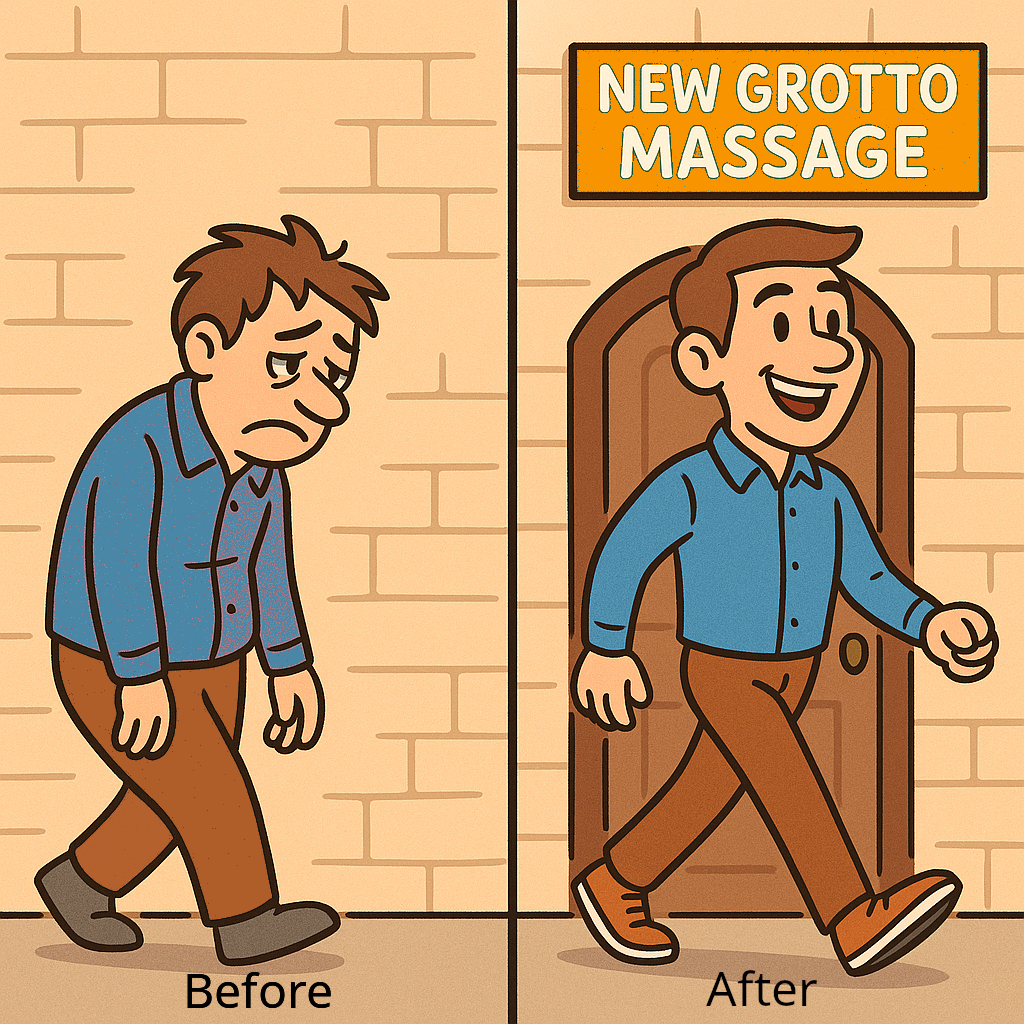 Before and after illustration — walk in tired, walk out refreshed at New Grotto Massage.