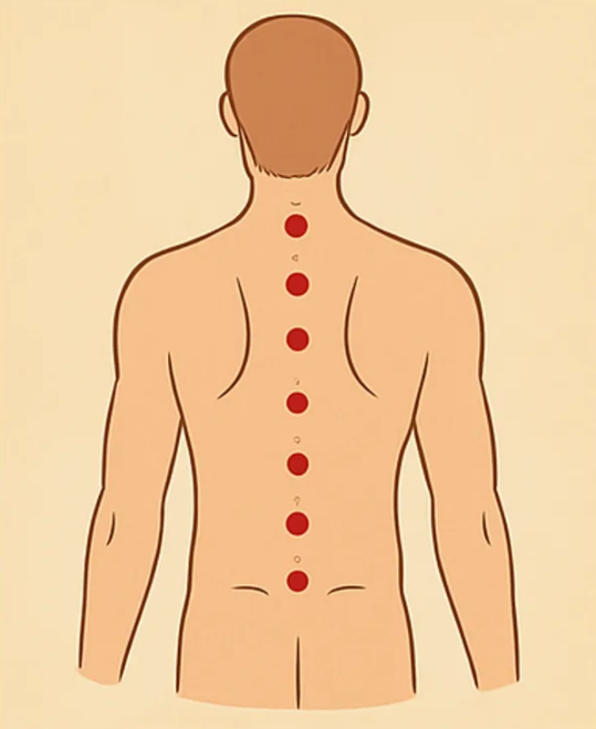 Back view diagram showing a vertical line of acupressure points along the spine.