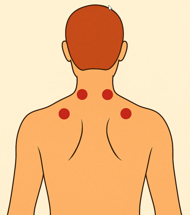 Back-of-neck and shoulders diagram showing four acupressure points near the base of the skull and across the upper shoulders.