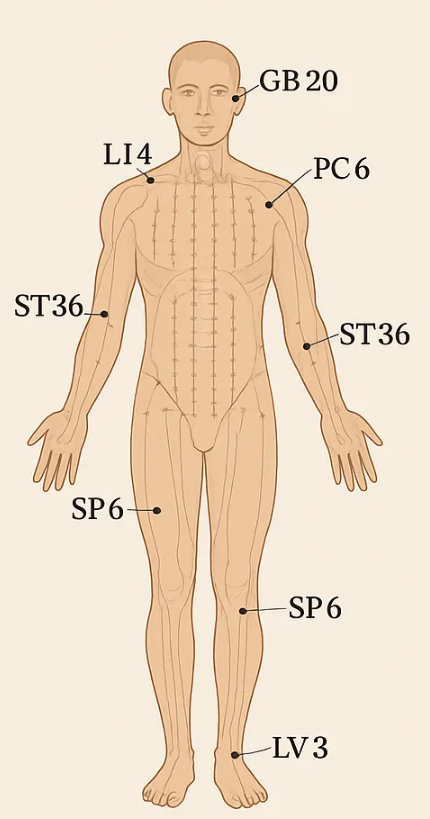Front view human body diagram labeled with pressure points GB20, LI4, PC6, ST36, SP6, and LV3.